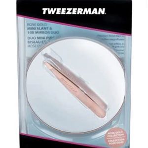 New- Tweezerman rose gold slant tweezer and mirror duo
